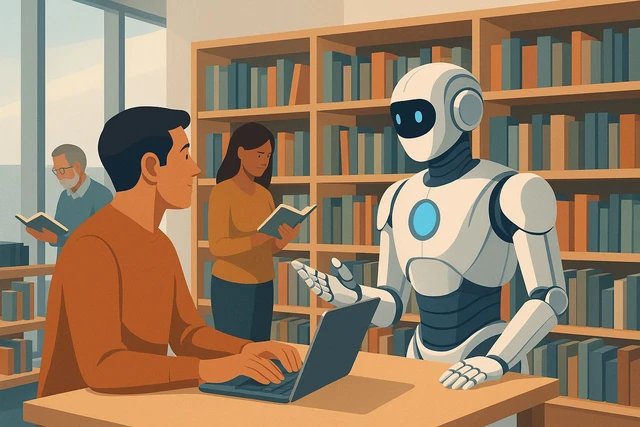 Robot AI berdiskusi dengan pengunjung di perpustakaan sebagai simbol perpustakaan era digital.