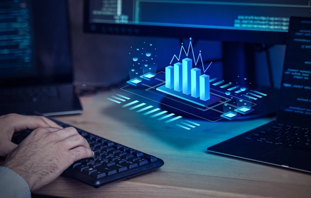 Grafik big data dan tangan di keyboard sebagai simbol AI dalam birokrasi digital