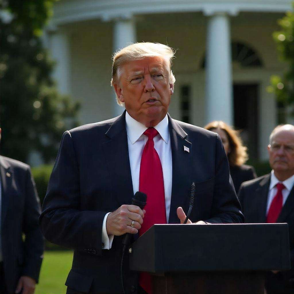 Donald Trump memberikan pernyataan resmi tentang kebijakan Executive Order Siber 2025 di Gedung Putih.