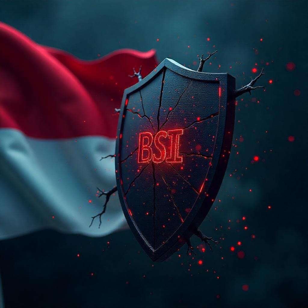 perisai bertuliskan BSI retak sebagai simbol serangan siber terhadap lembaga keuangan indonesia