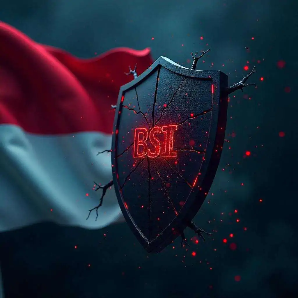 perisai bertuliskan BSI retak sebagai simbol serangan siber terhadap lembaga keuangan indonesia