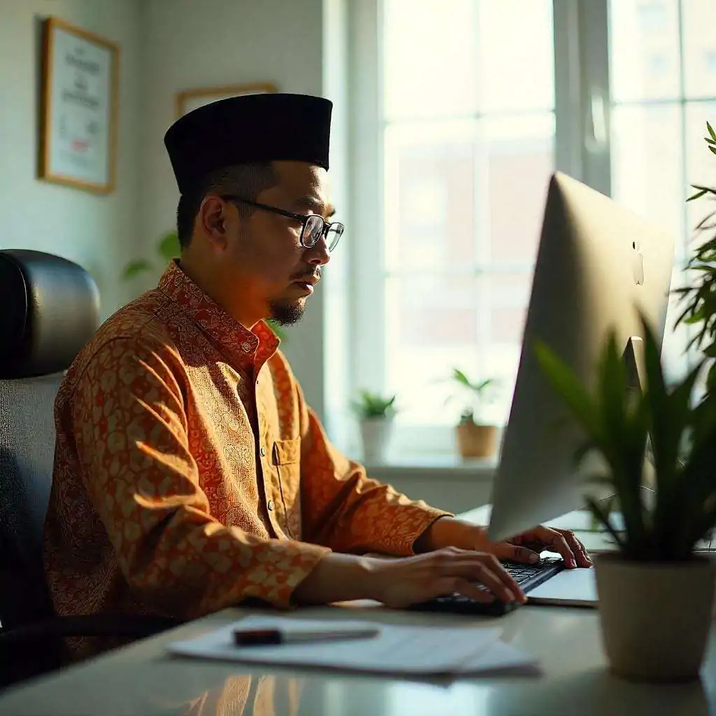 Pria Aceh mengenakan songkok dan batik sedang bekerja di komputer dalam suasana kantor modern