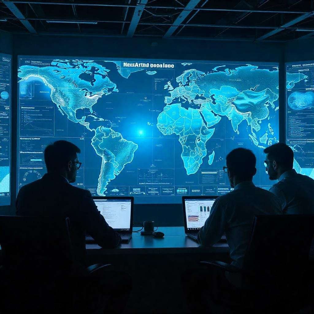 Tiga analis data di ruang komando global sedang memantau medan digital dunia, menunjukkan bagaimana batin menjadi wilayah baru dalam perang moder