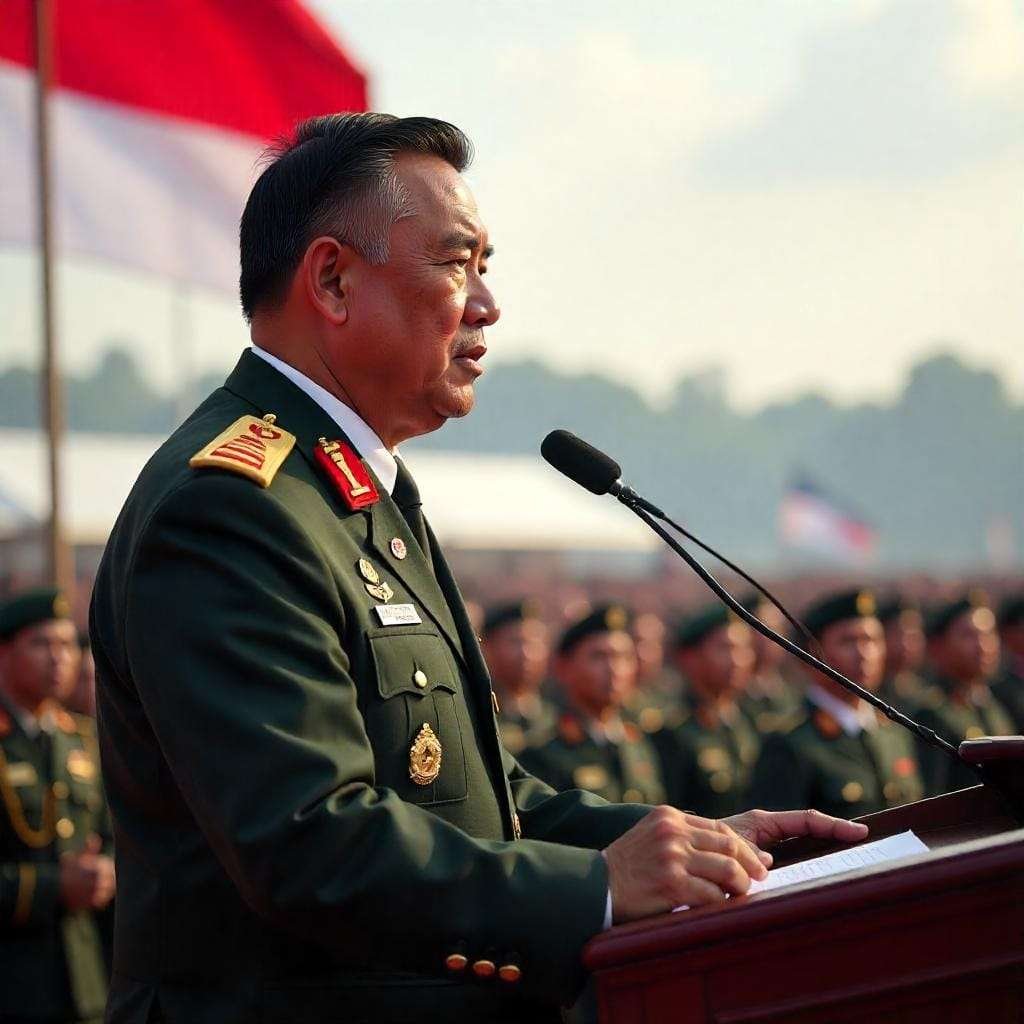 Seorang perwira tinggi TNI menyampaikan pidato dalam upacara resmi, simbol kepemimpinan nasional yang berbasis disiplin dan dedikasi.