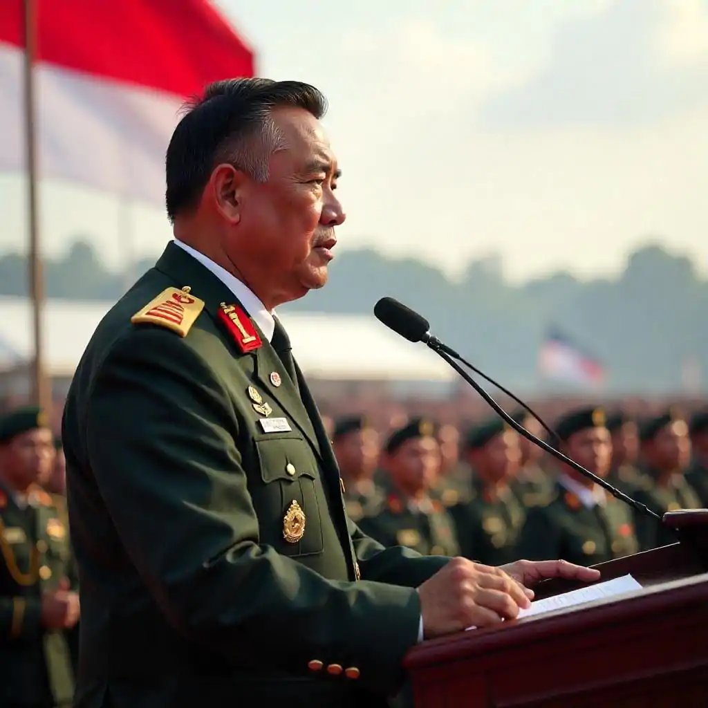 Seorang perwira tinggi TNI menyampaikan pidato dalam upacara resmi, simbol kepemimpinan nasional yang berbasis disiplin dan dedikasi.