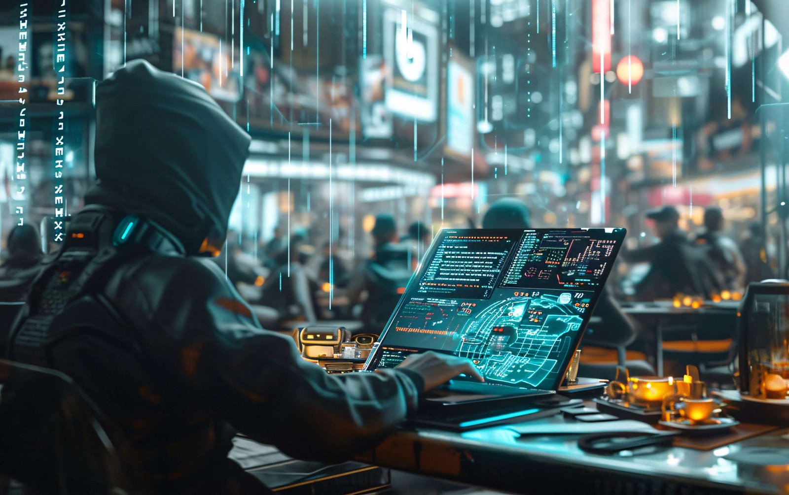 Seorang analis siber menggunakan laptop dengan tampilan sistem digital kompleks di tengah kota futuristik, merepresentasikan urgensi RUU KKS dan pendekatan Omnibus Law dalam mengatur keamanan siber nasional.