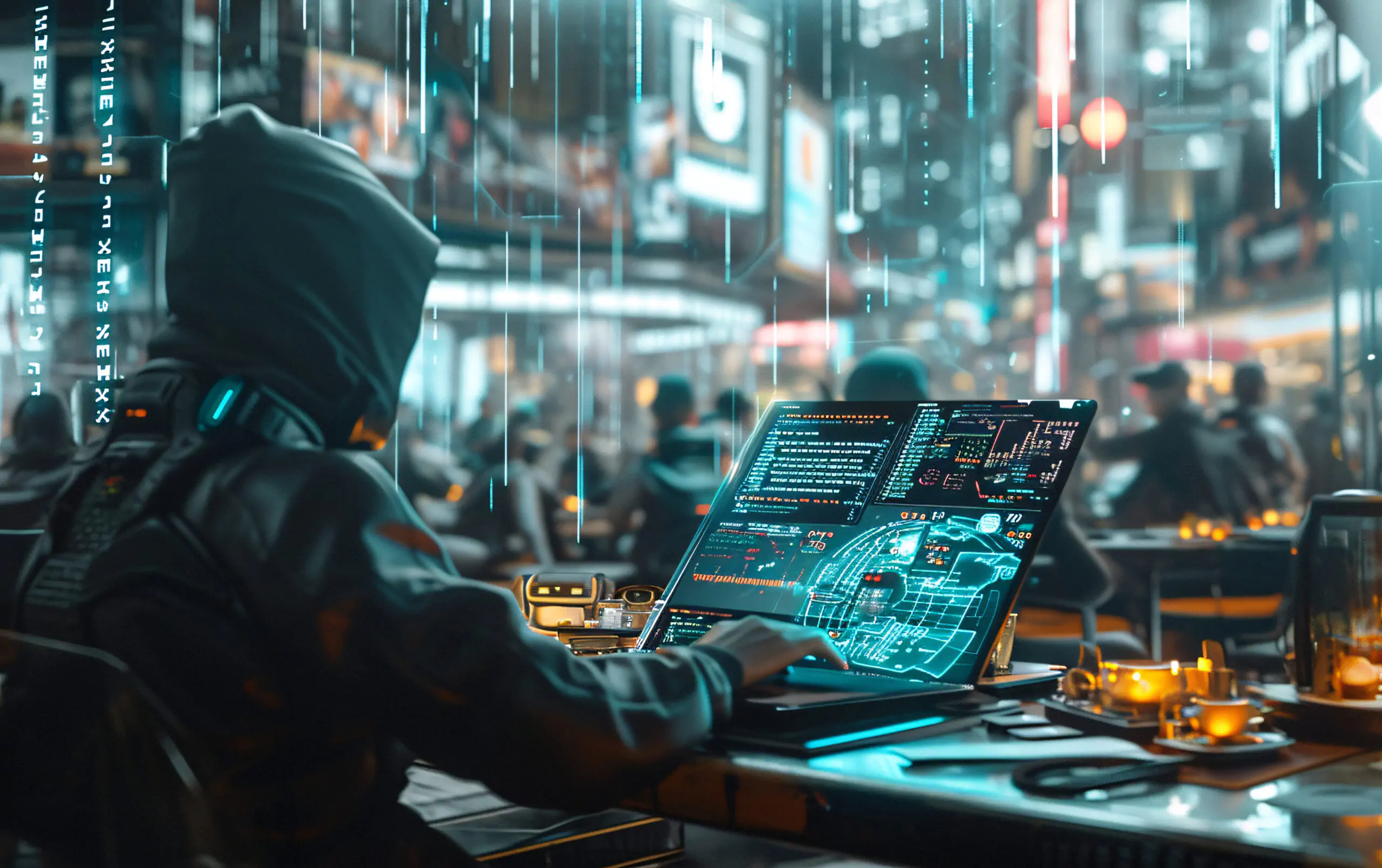 Seorang analis siber menggunakan laptop dengan tampilan sistem digital kompleks di tengah kota futuristik, merepresentasikan urgensi RUU KKS dan pendekatan Omnibus Law dalam mengatur keamanan siber nasional.