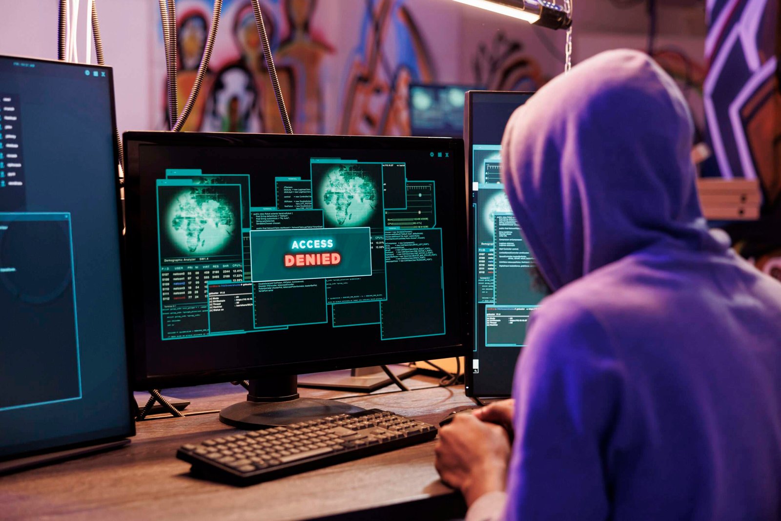 Hacker gagal mengakses sistem siber dengan pesan “Access Denied” di layar komputer.