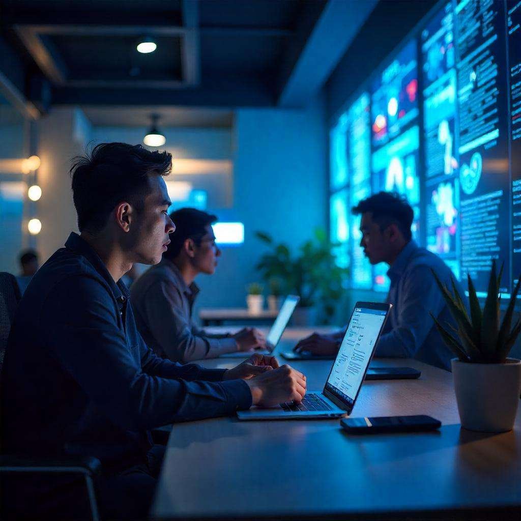 Tiga analis siber bekerja di ruang kendali dengan layar data digital, menggambarkan upaya menjaga ketahanan siber nasional.