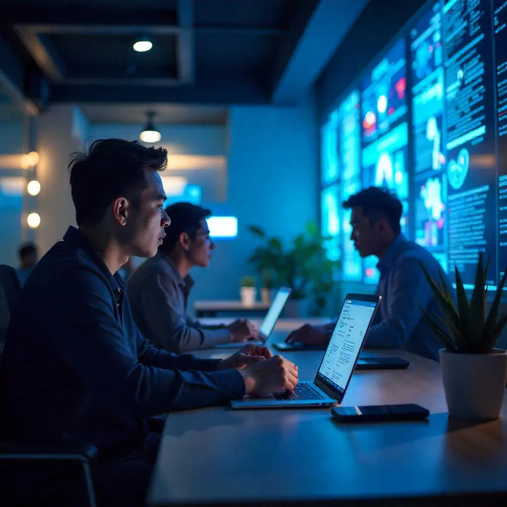 Tiga analis siber bekerja di ruang kendali dengan layar data digital, menggambarkan upaya menjaga ketahanan siber nasional.