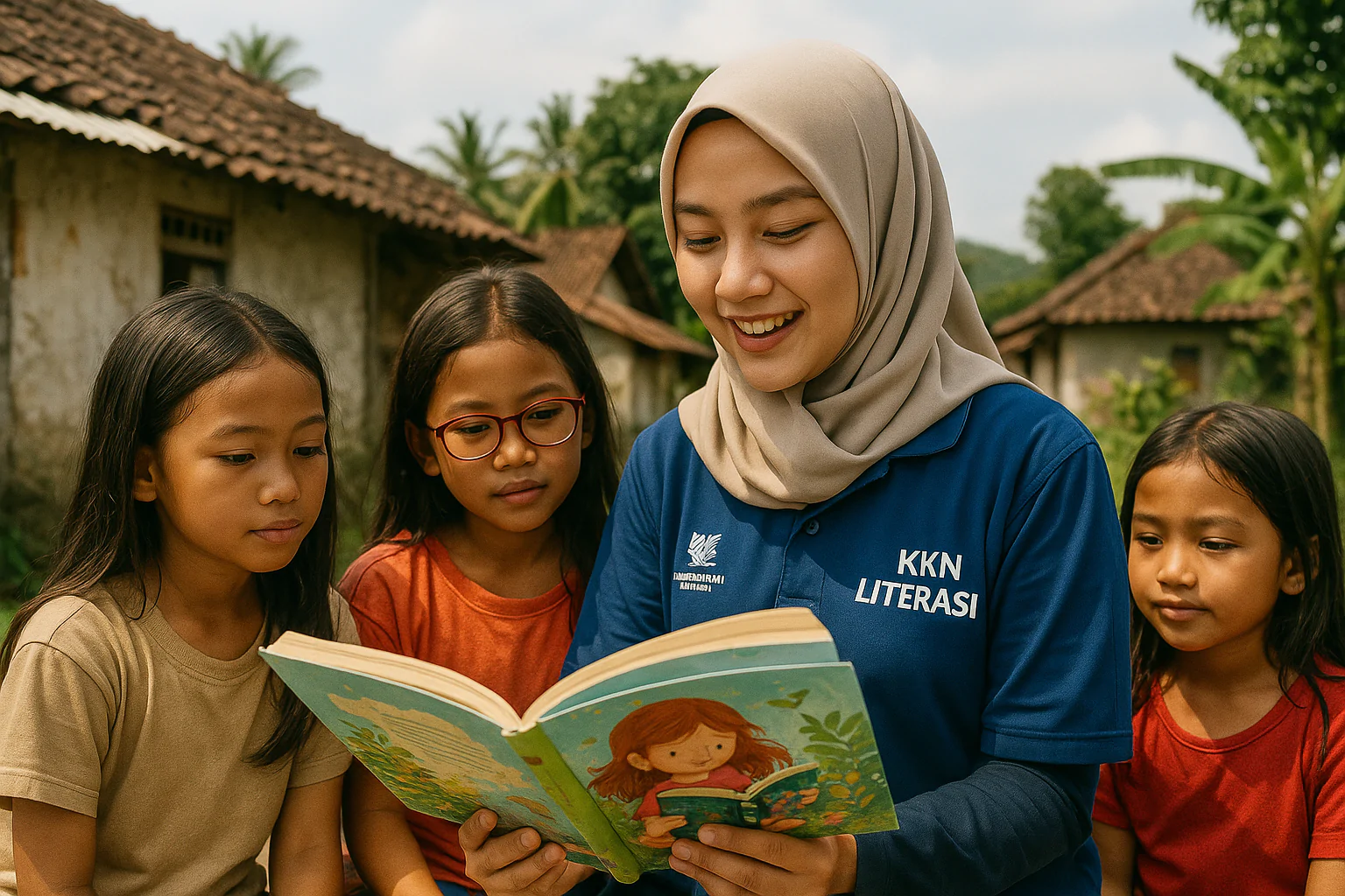 Mahasiswi KKN Literasi berhijab membimbing anak-anak perempuan membaca buku di lingkungan desa dalam kegiatan literasi.