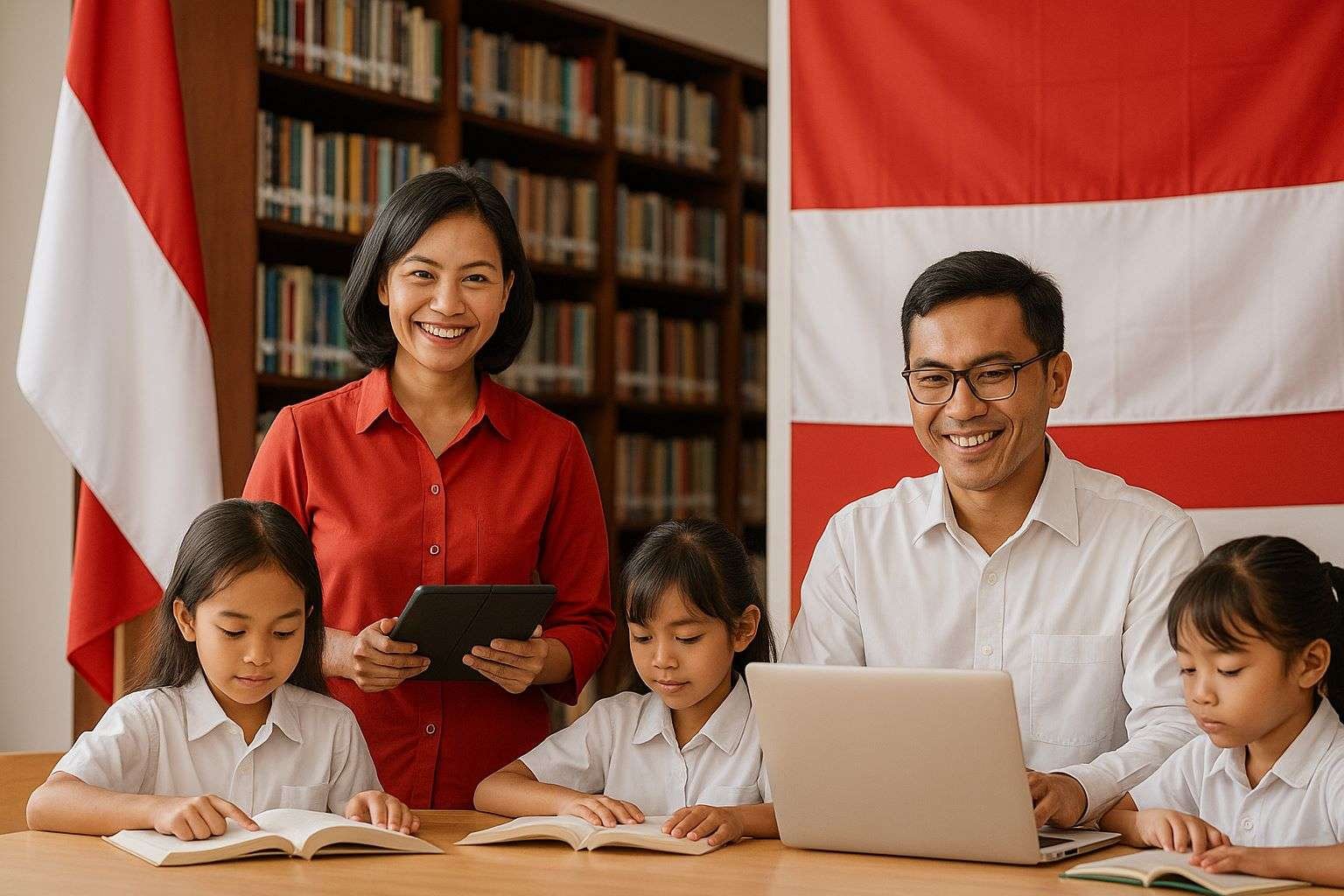 Keluarga Indonesia membaca buku bersama di perpustakaan dengan latar bendera Merah Putih.