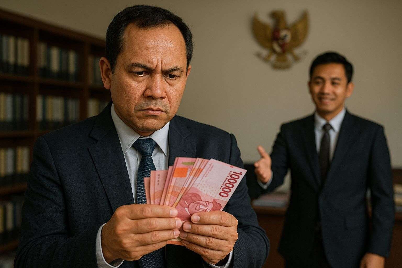 Pejabat Indonesia memegang uang tunai, ilustrasi korupsi pengadaan barang dan jasa dan dilema gratifikasi di birokrasi.